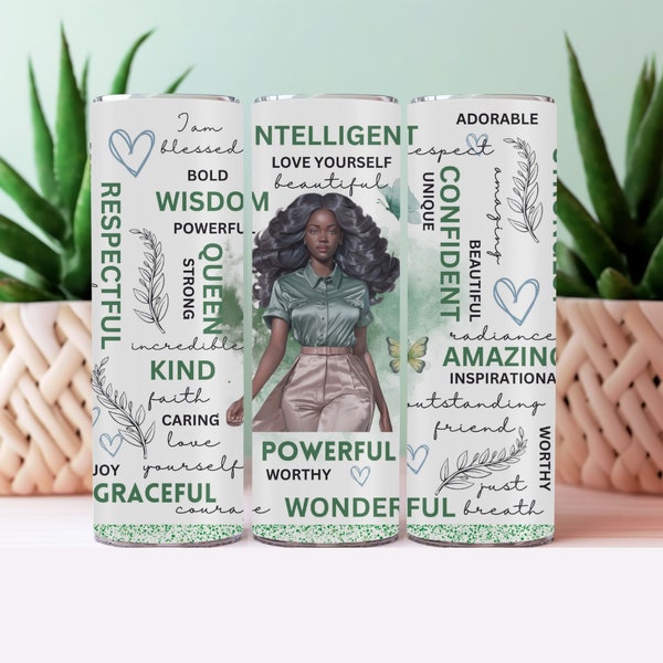 Inspirational Black Woman Tumbler Wrap, 20oz Skinny Tumbler Sublimation Designs, Positive Affirmations Black Girl, black girl, green dress