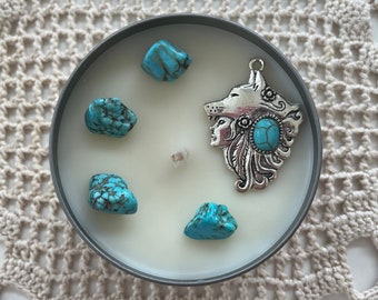 Wolf Spirit-rituele kaars - turkoois, intuïtie en bescherming - 8oz bijenwasblikje