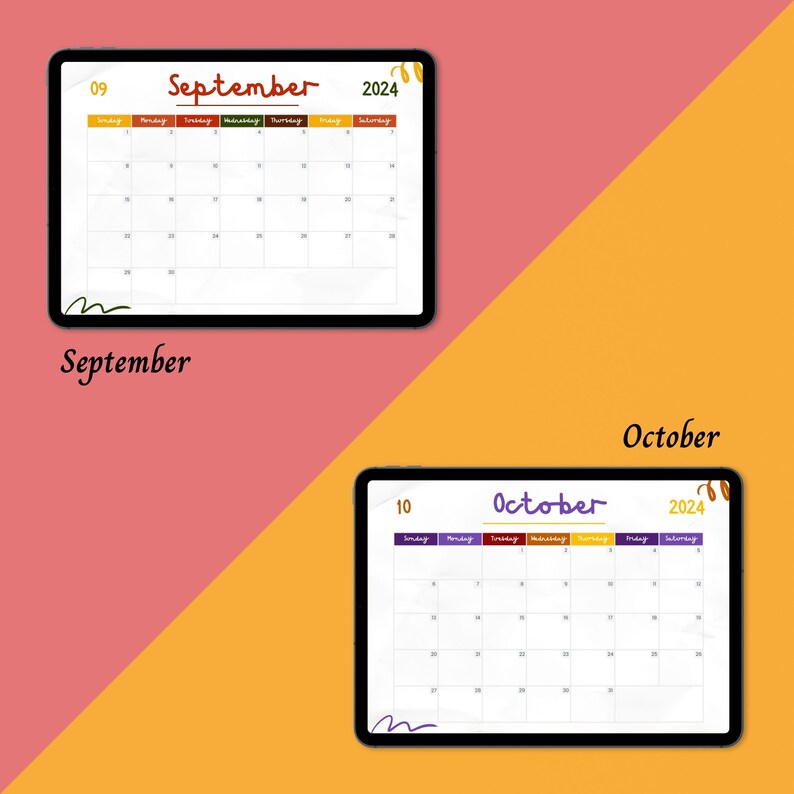 Colorful 2024 Full Year Calendar, Monday Start, Sunday Start, 2024