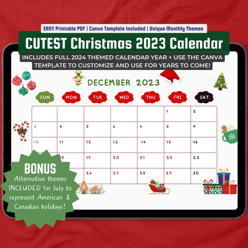 2024 Year Calendar Monthly Themes December 2023 Christmas Etsy Australia