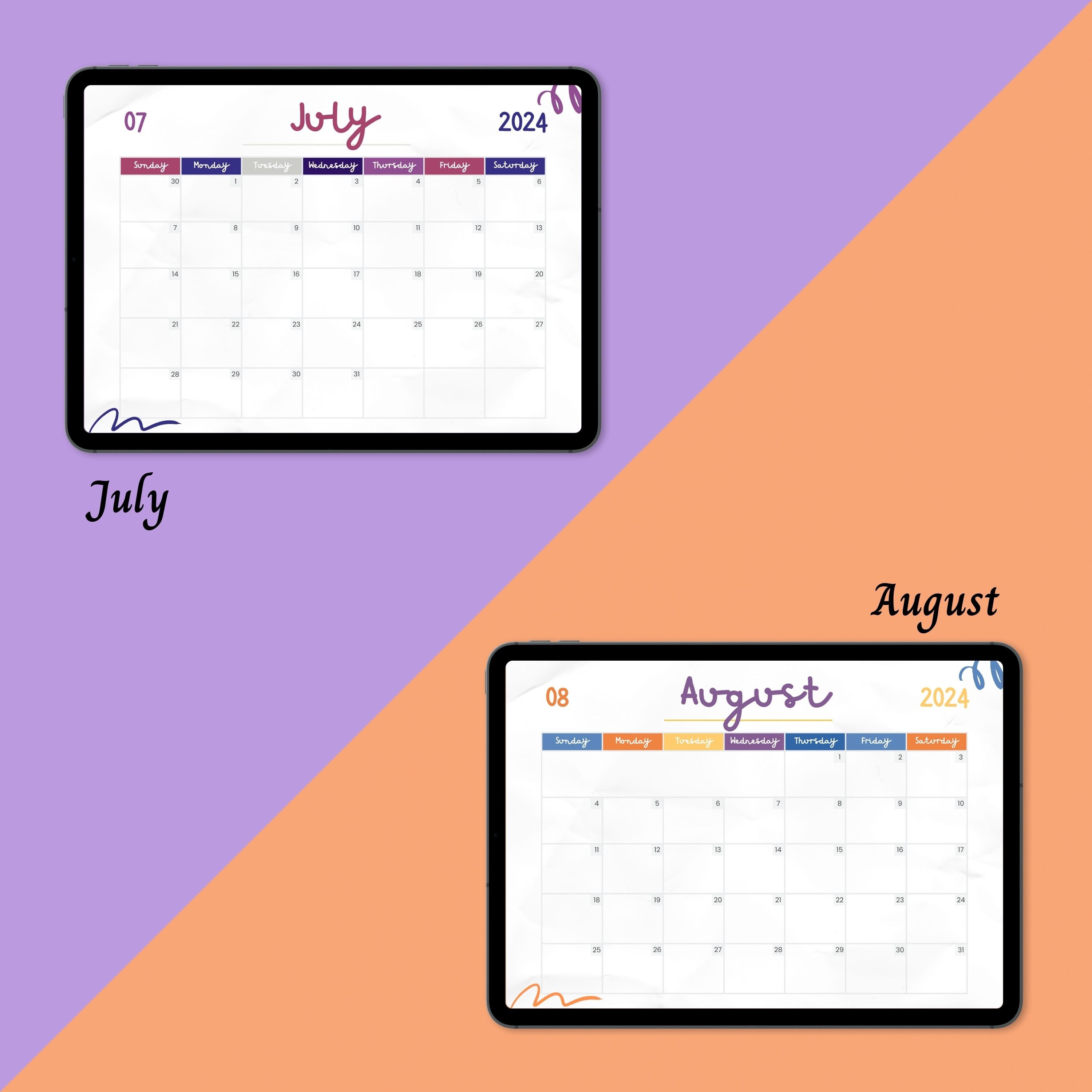 Colorful 2024 Full Year Calendar, Monday Start, Sunday Start, 2024