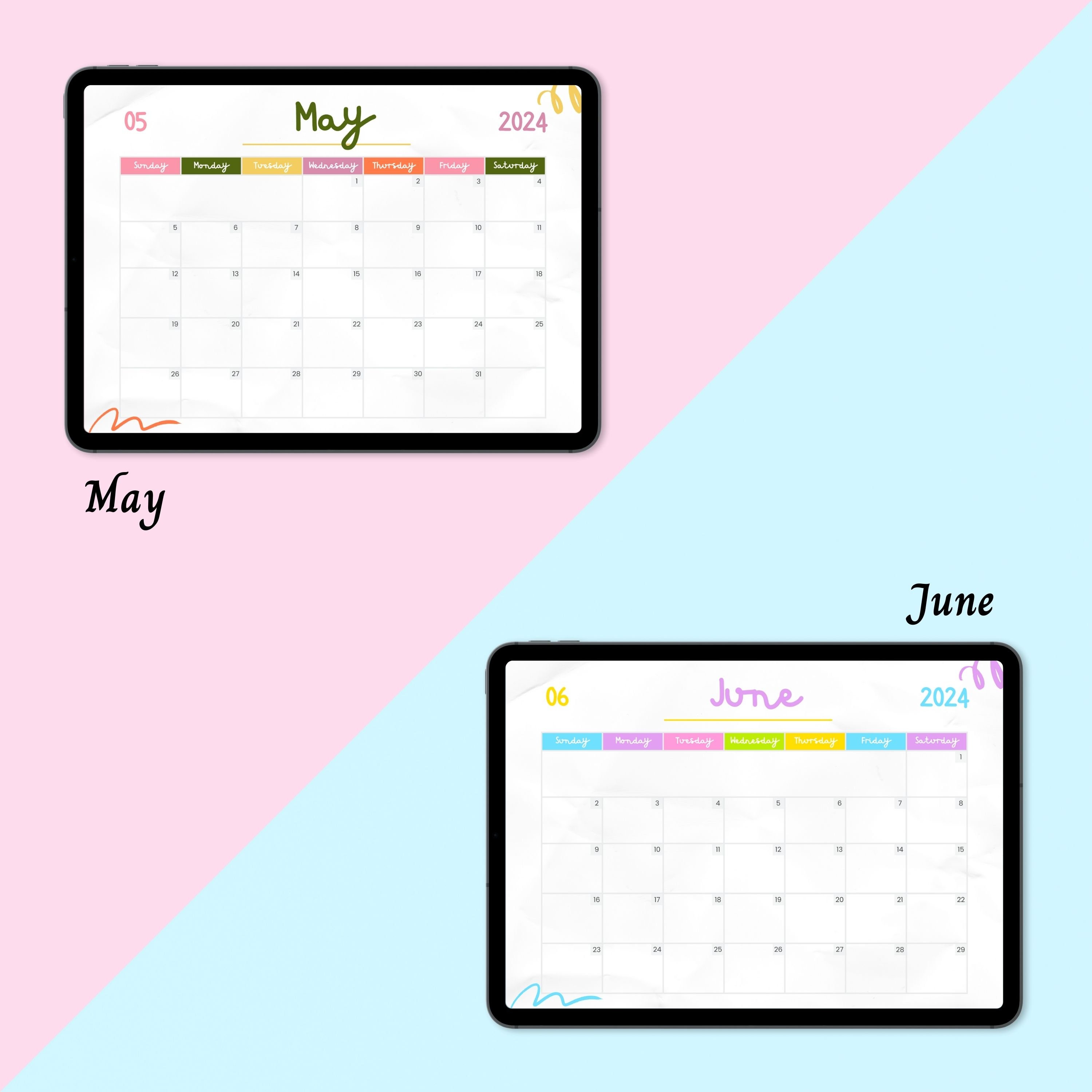 Colorful 2024 Full Year Calendar, Monday Start, Sunday Start, 2024
