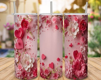 Flores de oro blanco rosa de San Valentín en 3D, personalice el diseño de sublimación de vaso flaco de 20 oz, envoltura de vaso recto, descarga digital PNG
