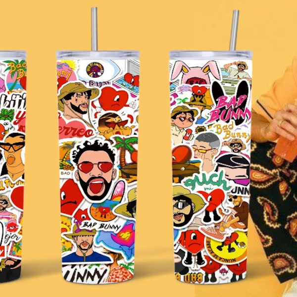 Bad Bunny Benito PNG Latino Collage Stickers, Tumbler Wrap Design Sublimation, Digital Download 20oz Skinny Straight Music Titi