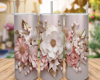 3D pink white gold flowers pearls 20oz Skinny Tumbler Sublimation Design, Straight Tumbler Wrap, Instant Digital Download PNG