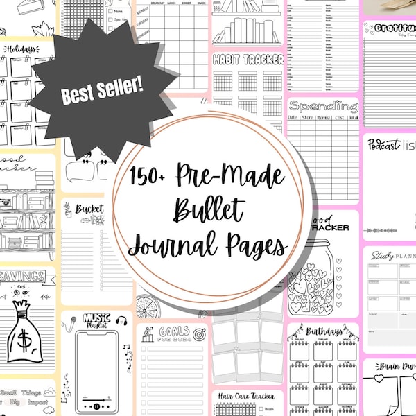 Pre-made Printable Bullet Journal, Bullet Journal Pages, Complete Pre-Made Journal Printable Bundle, Printable Planner, Digital planner