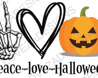 Paz amor Halloween, Conjunto de 3, Calabaza PNG, mano esqueleto, descarga instantánea, Sublimación, Amor, Descarga digital