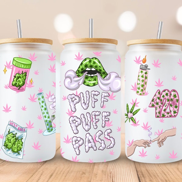 Weed Libbey Wrap, Smoker Girl 16oz  Libbey Glass Can Wrap Weed Design, Pink Marijuana Tumbler Sublimation, Pink & Green, 420, Best Buds