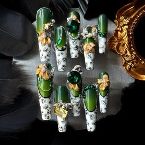 Emerald Green Press-On Nails: Floral French, Diamond Embellished