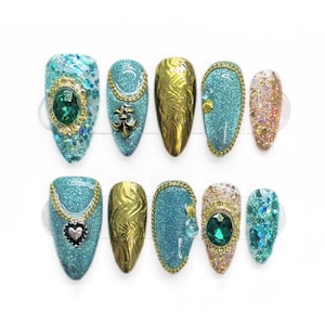 Press On Nails Set - Emerald Almond Cat-Eye False Nails, Handmade Ombre Gilt, Luxurious Long Acrylic Nails