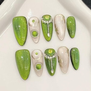 Press-On Nails Set: Emerald Green Cat-Eye Gradient, Almond Shape, Handmade, Premium False Nails