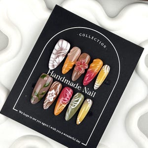 Press-On Nägel Set Herbst Garten | Handgemachte Farbverlauf Almond False Nails | Bunte geschnitzte Nagelkunst