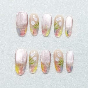 Press-On Nails Set Silver Ombre | Handmade Acrylic & Gel False Nails | Cute Skin-Brightening Nail Art