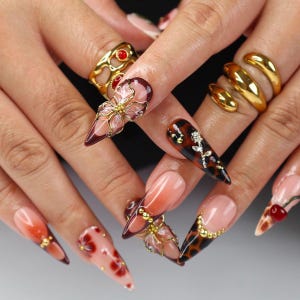 Handmade Vintage - Inspired Press - on Nails | Embellished with Flowers, Cherries and Gold Accents | Gradient Almond - Shaped Nails
