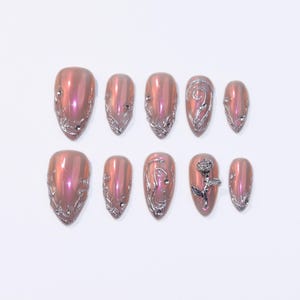 Handmade Rose Gold Press-On Nails: Almond Cream Rose Embellishments