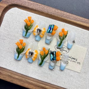 Press-On Nails Set: Orange Tulip 3D Flower, Gradient Blue-Orange, Medium-Long Handmade Nails