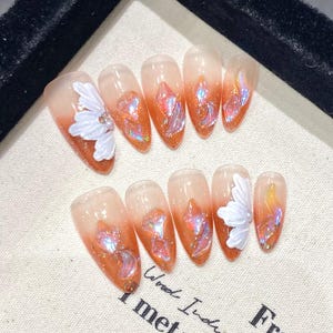 Press-On Nails Set: 3D Blush Art, Warm Orange Gradient, Almond Shape, Handmade Fairy Floral False Nails