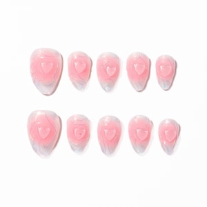 Press-On Nails Sweetheart Pink Heart Ombre | Handmade Reusable Cute Nail Set
