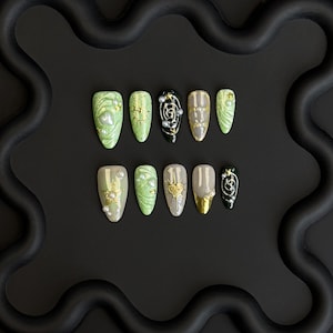 Press-On Nails Set: Forest Swamp Green Gold Relief, Almond Shape Luxury, Reusable Detachable Manicure