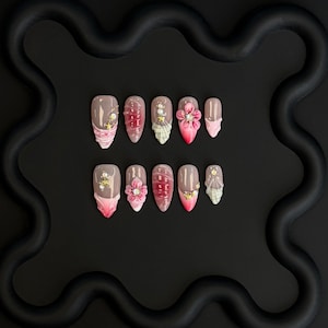Summer Floral Language | Romantic Sweet Style Nail Art Stickers | Pink Almond Nails | Flower Shell Pearl Decor False Nails