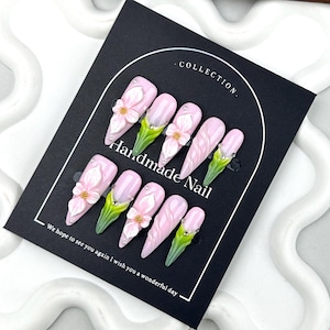 Pink Memory | Pink-Green Spring Handmade Nails | 3D Flower Vine Relief | Long Stiletto Press-On Nails