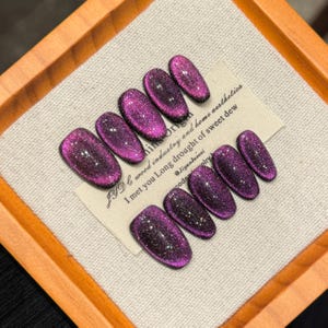 Purple Glitter Press - on Nails | Handmade Gel Nails | Purple Cat - Eye | Removable