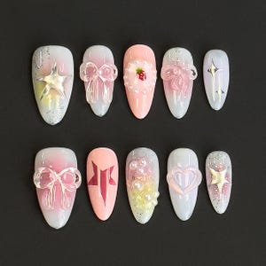 Press-On Nails Set Dreamy Starry Sky Almond | Pink-Purple Gradient | 3D Bowknot | Hand-Painted Star | Jelly Glue Included