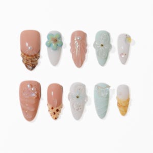 3D Spring Flower & Pearl Press-On Nails: Reusable Almond Nail Set