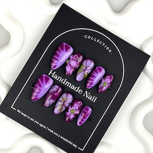 Press-On Nägel Set Lila Seerose Farbverlauf | Handgemachte Blumen Mandel falsche Nägel | Wiederverwendbar