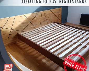 King size Floating bed 200x200cm (Digitale Pläne) & Floating Nightstands, Pläne wie man ein schwebendes Bett mit Nachttischen baut