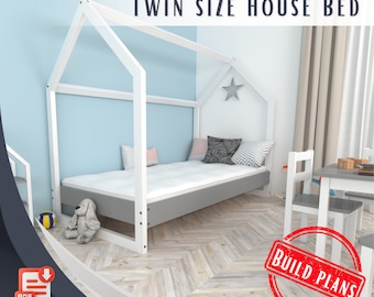 Twin size House Bed plans for 38x75'' mattress, DIY Montessori floor bed, House Bed Frame.