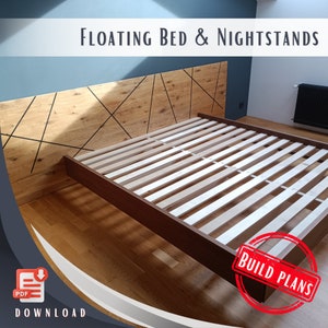 May include: A wooden bed frame with a slatted headboard and a wood floor. The bed frame is floating above the floor and has a black and white geometric design on the headboard. The text "FLOATING BED & NIGHTSTANDS" is at the top of the image. The text "BUILD PLANS" is in a red circle at the bottom right of the image.