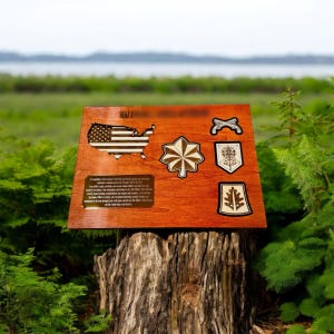 May include: A wooden plaque with a cutout of the United States, a military insignia, and the text "MAJ!" The plaque is mounted on a tree stump.