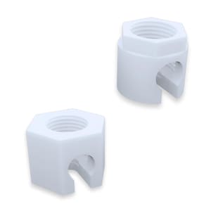 Peut inclure: Deux connecteurs de câble en plastique blanc. Chaque connecteur a un dessus hexagonal avec un trou fileté et un corps cylindrique avec une fente. Les connecteurs sont conçus pour joindre ou fixer des câbles.