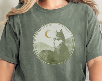 Under the Moon Vintage Style Cat Tee Shirt Gift: Sage Green Rolling Hills Nature Scene with Mainecoon Cat in 100% Cotton pre-shrunk 2X 3X 4X