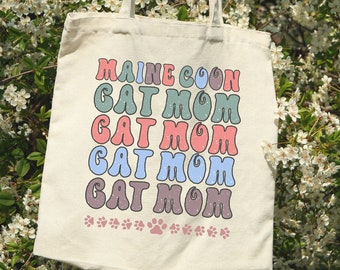 Maine Coon Cat Mom Tote Bag Cotton Canvas, Maine Coon Mom Tote Bag, Groovy Cat Mom Font 100% Cotton Canvas Tote, Cat Lover Bag Heavy Fabric