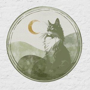 May include: A green watercolor illustration of a cat looking up at a crescent moon in a circular frame.