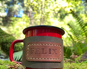 Custom camping mug leather sleeve