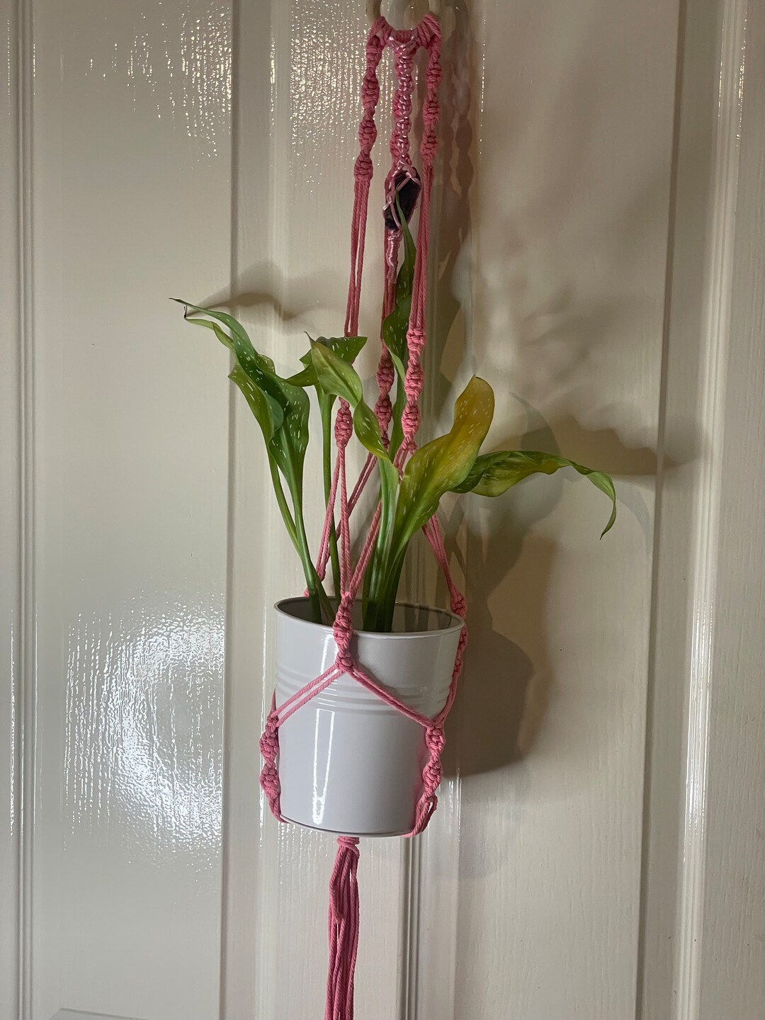 Macrame Plant Hanger Pink With Amethyst Crystal Etsy