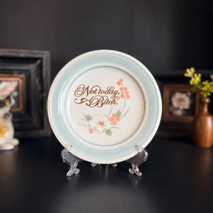 May include: A decorative plate with a light blue rim and a white center. The center features the phrase "Not today, Bitch" in brown script, along with floral accents in peach and green. The plate is displayed on a clear plastic stand.