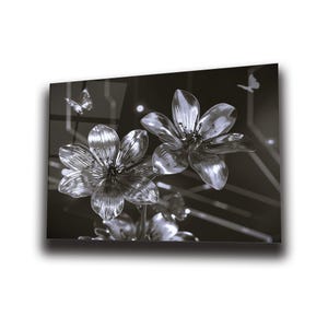 Shiny Flowers Made of Metal Wall Art , Tempered Glass Wall Art , Glass Printing , High Quality , Wall Hanging , Glassware  , Birthday Gift