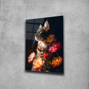 Art mural chat en fleurs , Art mural en verre trempé , Impression sur verre , Haute qualité , Suspension murale , Verrerie , Cadeau d'anniversaire