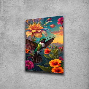 Art mural colibri et fleurs , Art mural en verre trempé , Impression sur verre , Haute qualité , Suspension murale , Verrerie , Cadeau
