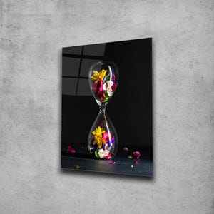 Hourglass Made of Flowers  Wall Art , Tempered Glass Wall Art , Glass Printing , High Quality , Wall Hanging , Glassware  , Birthday Gift