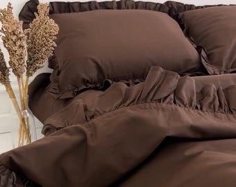 Brown Ruffled Bedding Set, Soft Cotton Bed Linen, Warm Earth Tone, Cozy Bedroom Decor, Gift for Housewarming or Wedding