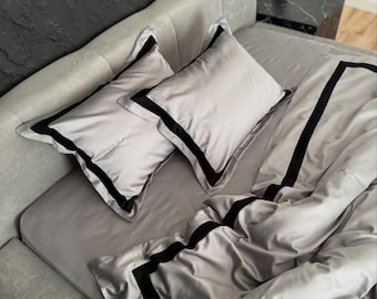 Bedding Set Cotton Black and Grey  - Premium Satin Set with Piping, King-Size Duvet Cover, Pillowcases, Fitted or Flat Sheet, Custom Sizes