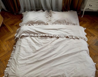 Ruffled Bedding Set Beige Cotton, Soft Natural Fabric, Cozy and Elegant Bedroom Decor, Perfect Gift for Home, Romantic Farmhouse Bed set