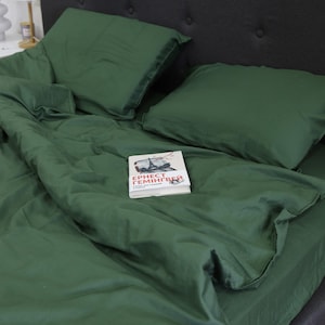 Green Bedding Set Satin Queen King Full – Cotton Bed Set with Duvet Cover, Flat or Fitted Sheet, Organic Custom Bedding