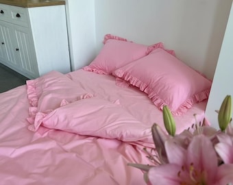 Conjunto de cama com babados rosa claro, capa de edredom de algodão macio com babados, 2 fronhas, conjunto de cama chique e gasto, conjunto de cama romântico estilo fazenda