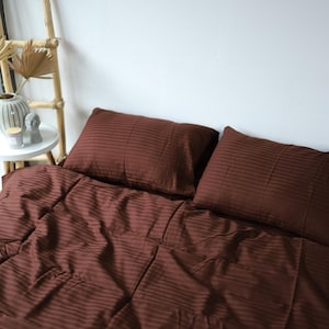 Natural Brown Cotton Striped Bedding Set, Duvet Cover and Pillowcases, Neutral Bedroom Decor, Gift for Home, Farmhouse Bed set